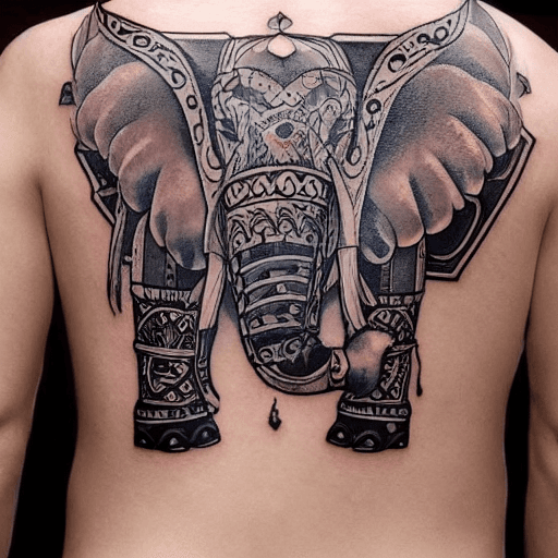 AI generated: TATTOO, ON THE BACK, ELEPHANT, ARMOR, PERSIA, GREECE