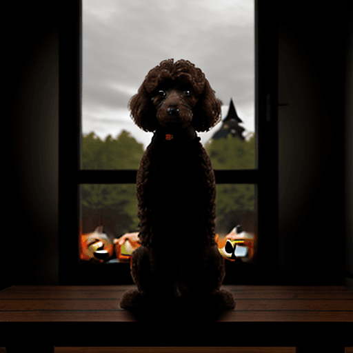 AI generated: It is Halloween night. A brown poodle is waiting her owners standing on a wooden table close to the ...