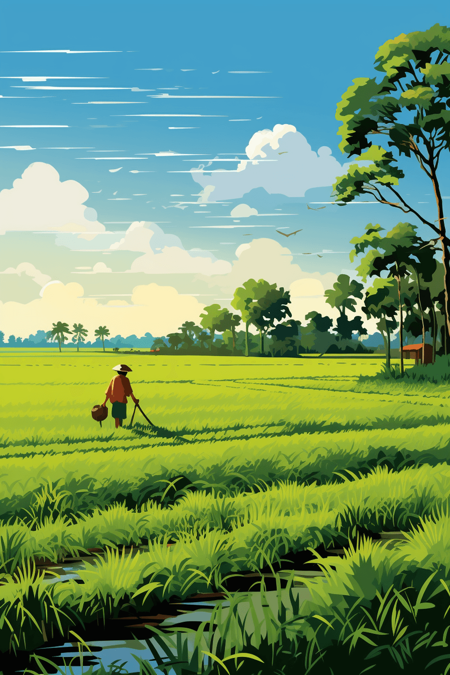 AI generated: Landscape illustration, a farmer tending to his rice field, agriculture book, Khmer Art, set against...