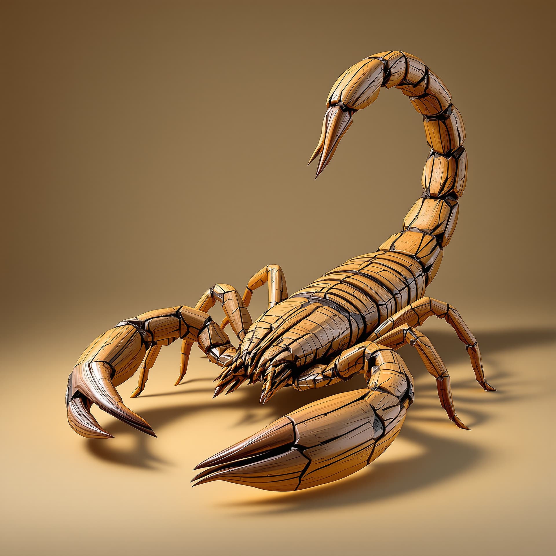 AI generated: A full-body, ultra-detailed, photorealistic scorpion sculpture crafted from weathered teakwood, show...