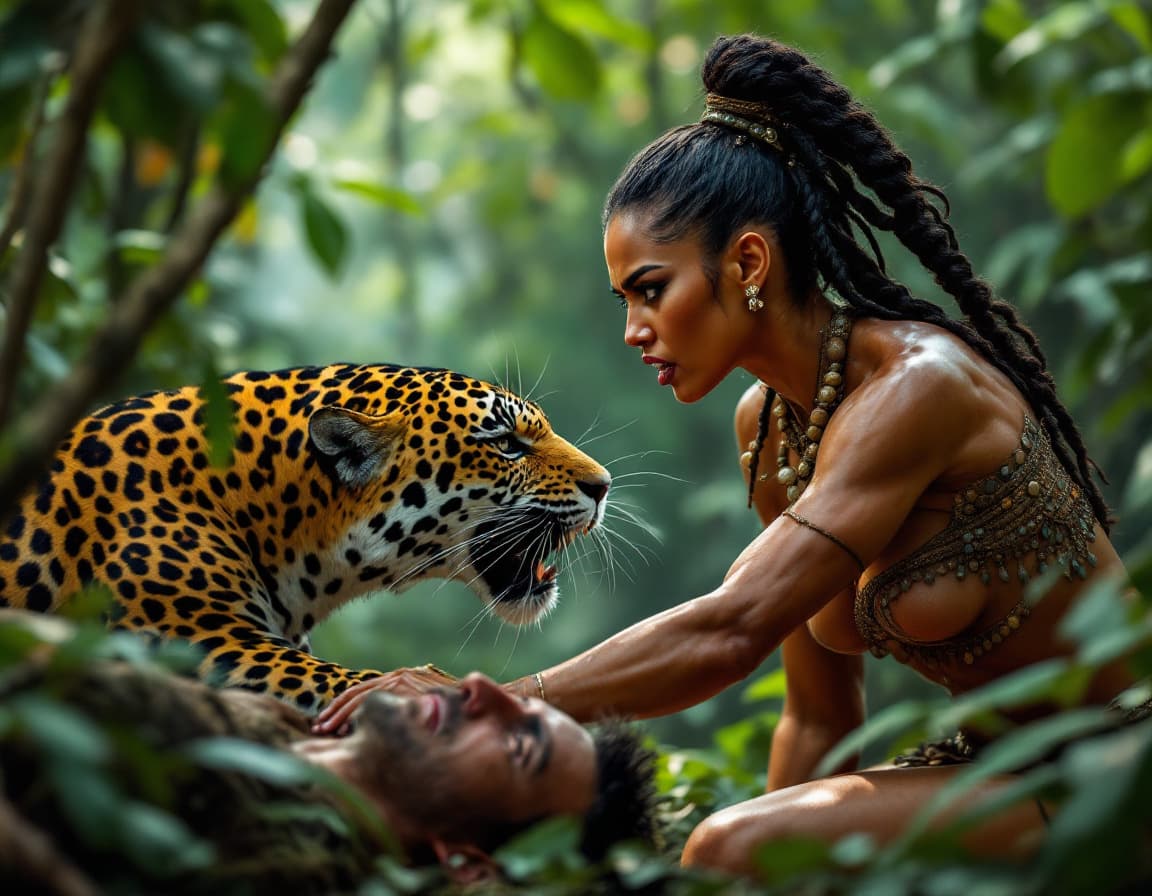 AI generated: (side view, picture) In a lush, overgrown jungle, a fierce (angry expression) and agile warrior-quee...