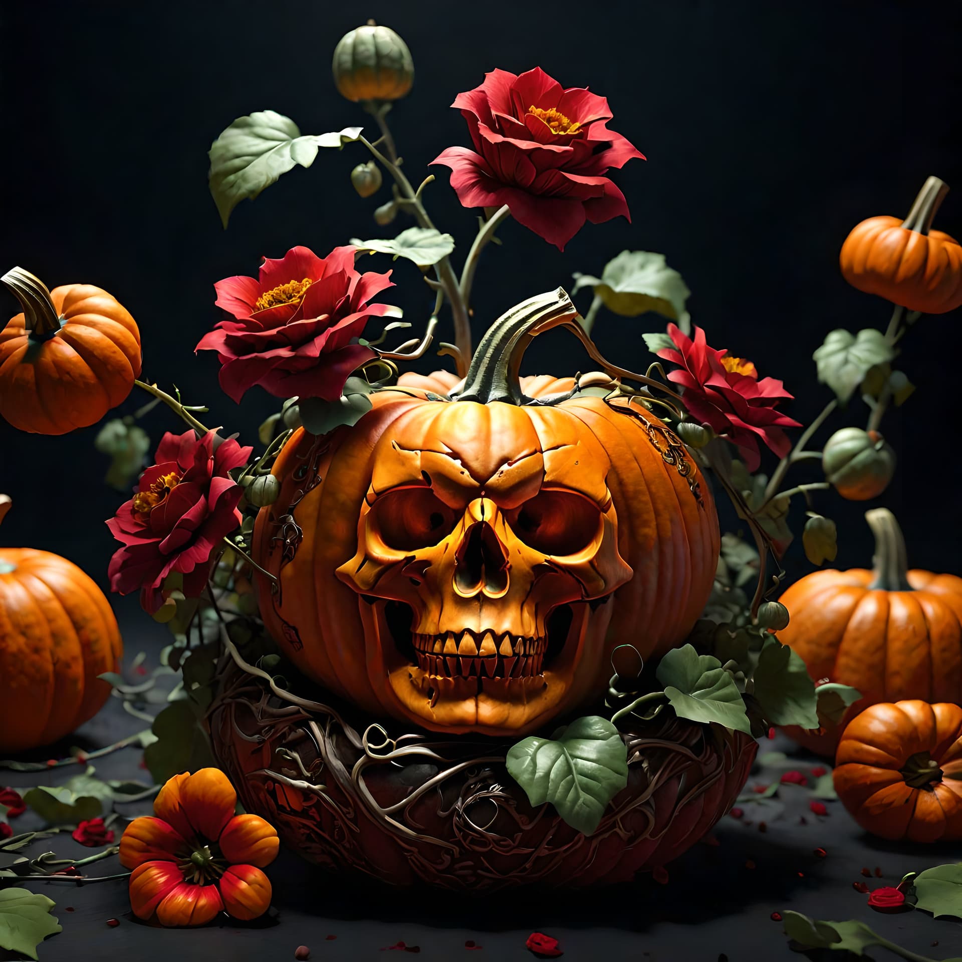 AI generated: A pumpkin sprouting vines that are interlocked with skulls, blood red flowers, sharp focus, 8k, shar...