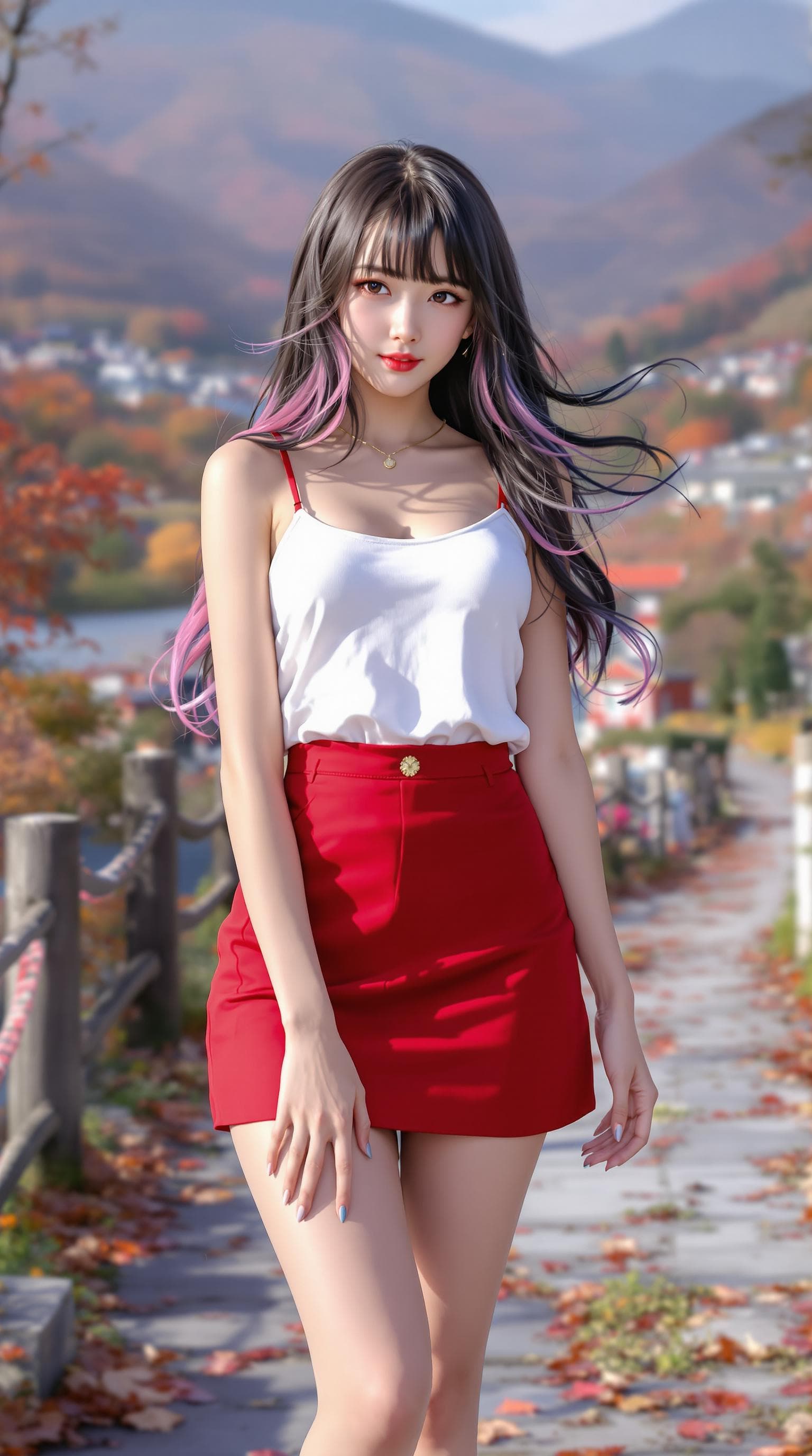 AI generated: realistic, japanese girl, beautiful girl, ulzzang face, long hair, black hair, multi color hair, ban...