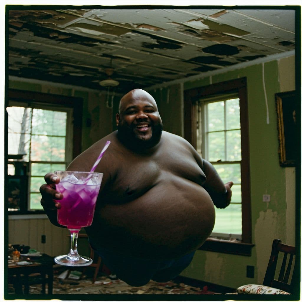 AI generated: grainy 80's photograph quality polaroid of big fat bald elated black man floating in the air with a ...