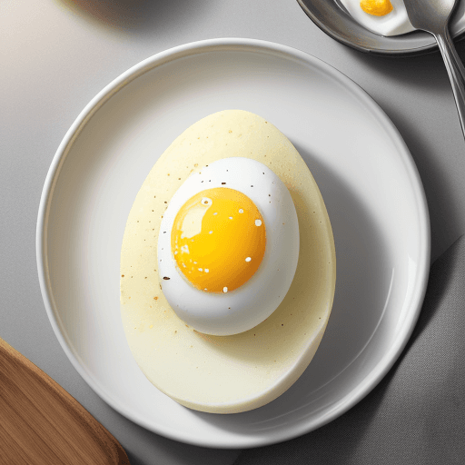 AI generated: Food photography, Hard-boiled egg-shaped potato omelette, top view, in a luxurious Michelin-style ki...