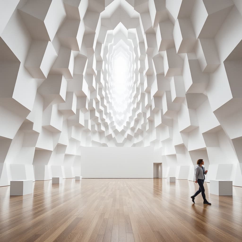 AI generated: contemporary interior, fractal geometric minimalism, perspective vanishing point, repetitive pattern...