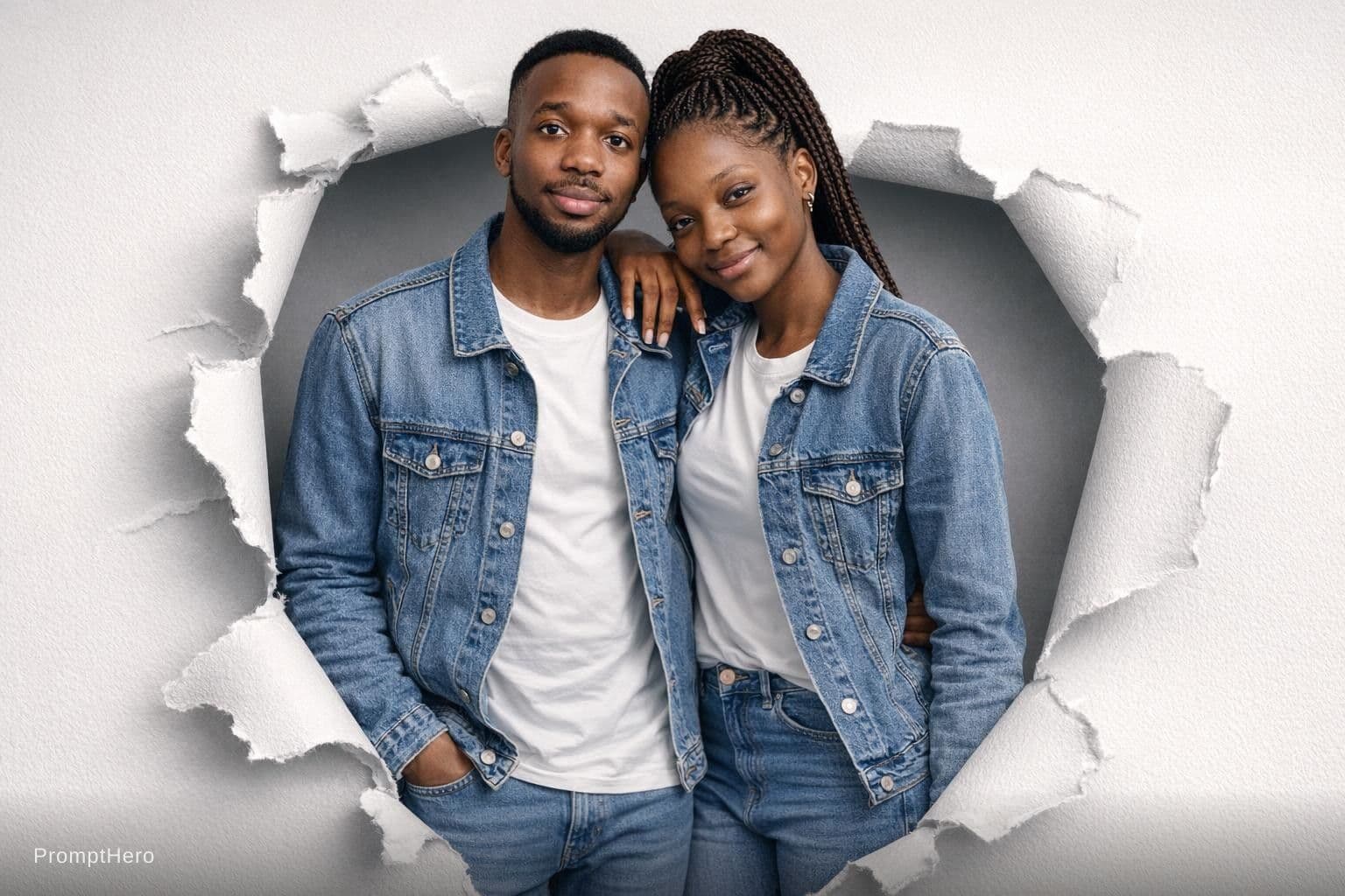 AI generated: Two African couple portraits, half-body view, emerging from realistic torn paper holes on a light gr...