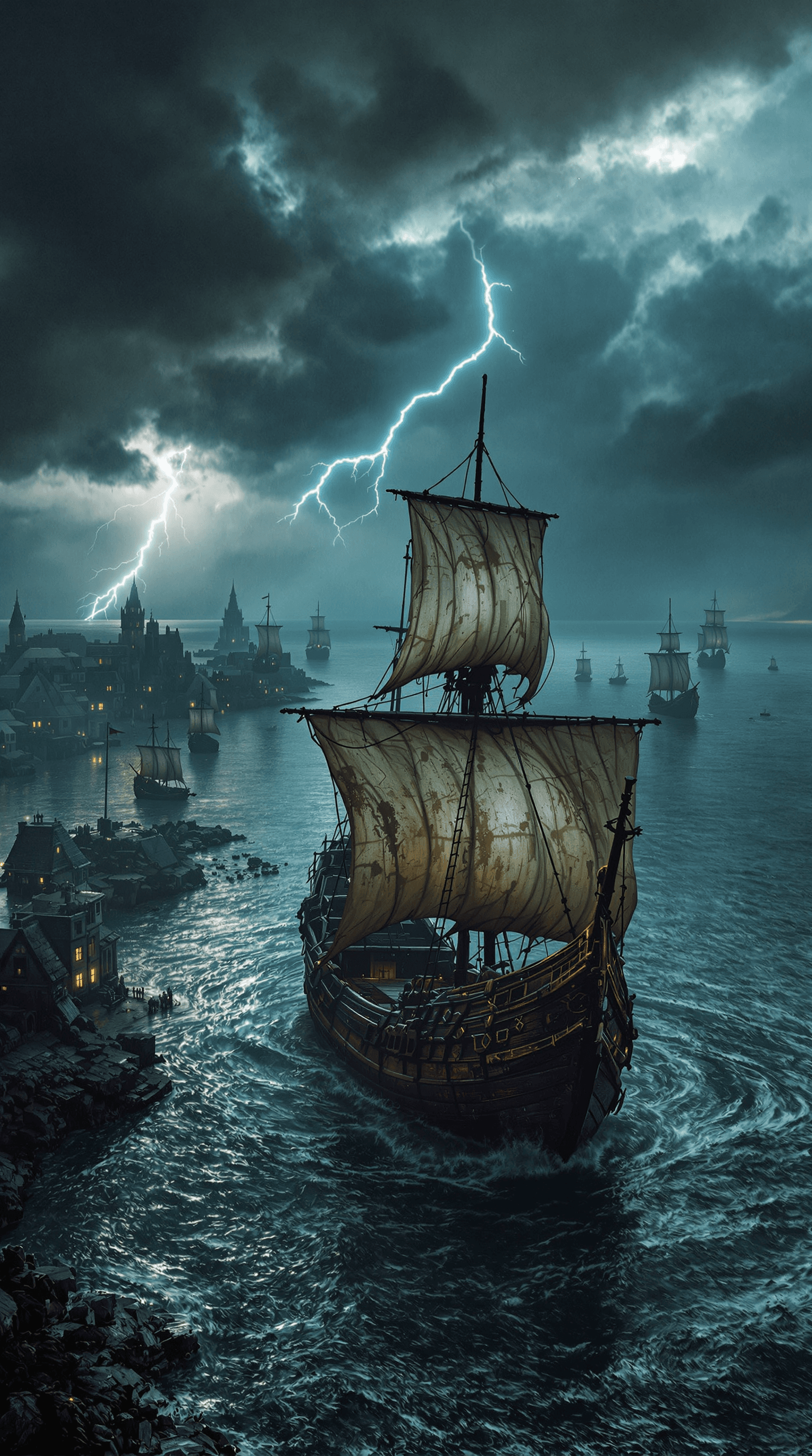 AI generated: Aerial view of a weathered 16th-century pirate ship stranded on a flooded coast in Ireland. Dark sto...