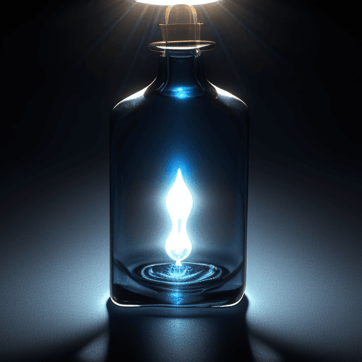 AI generated: image of a transparent blue bottle, illuminated by sunlight, on a background of navy blue water.