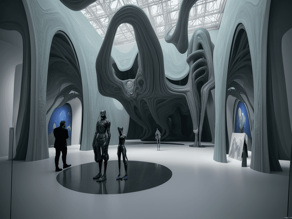 AI generated:   A view inside a futuristic museum, showcasing strange, weird, and bizarre art, large 3D sculptures...