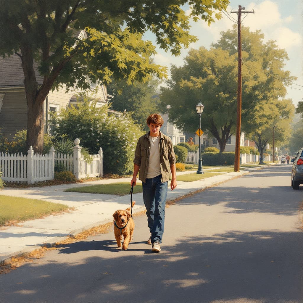 AI generated: In the style of Norman Rockwell, painting of a 15yo teen ager walking his dog in the street of an am...