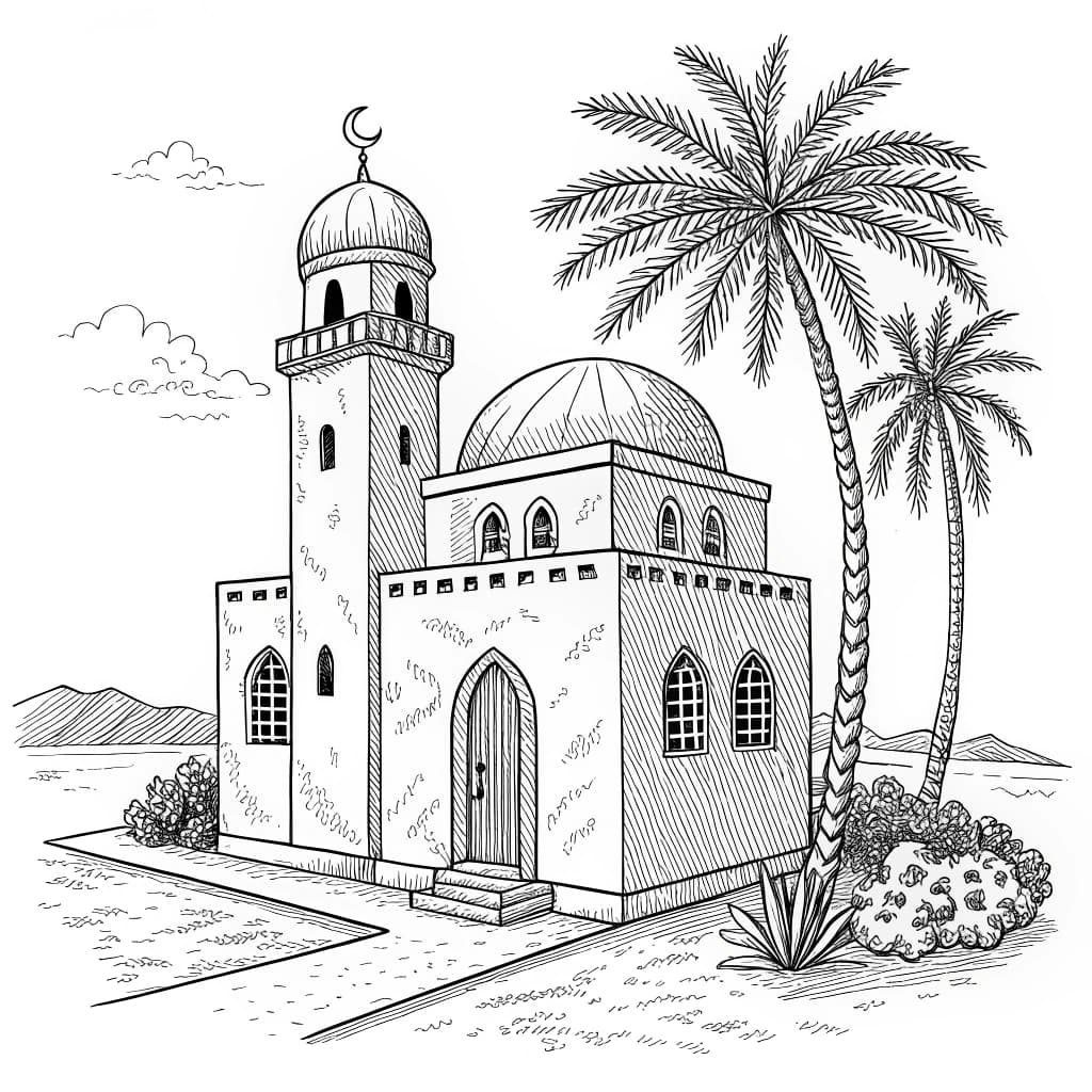 AI generated: Generate a only black and white line clip art without shading  comic of an abstract arab gulf house ...