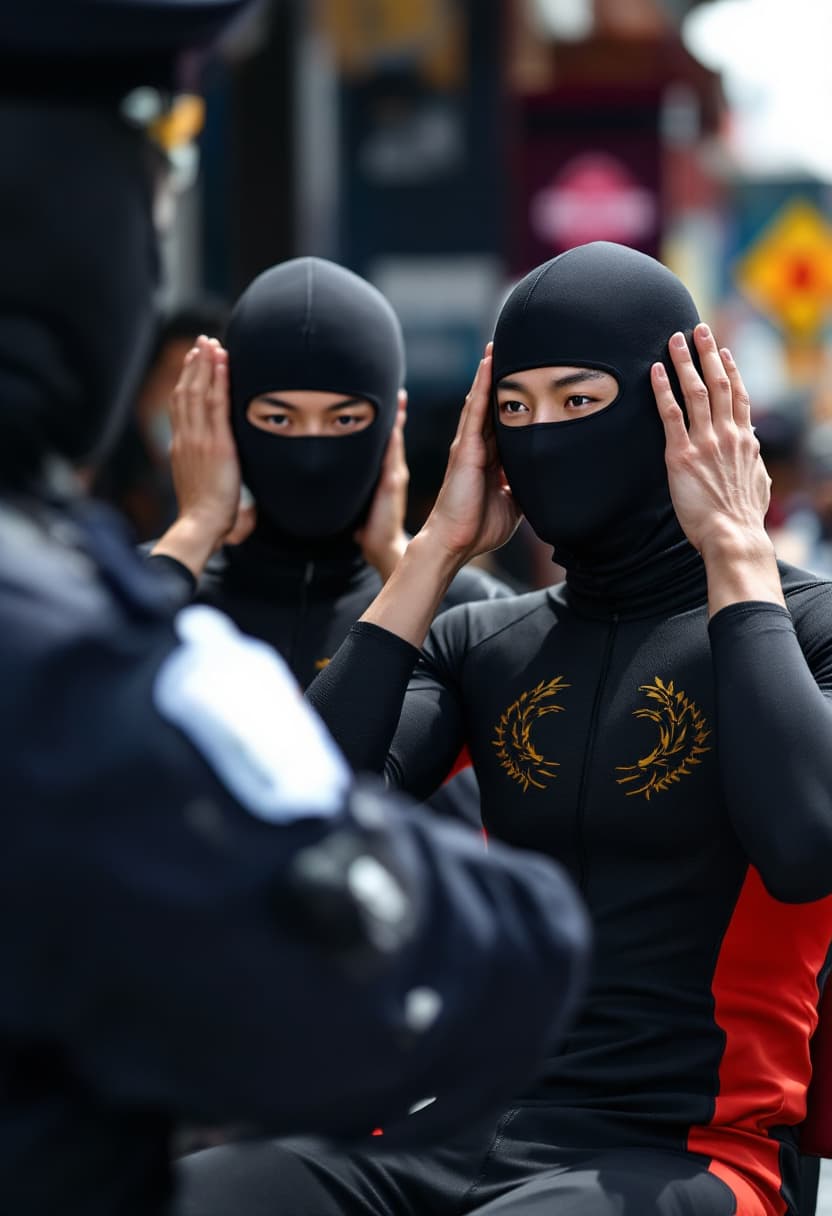 AI generated: Two Chinese athletes wearing compression jammers were arrested by police in day time. They are under...