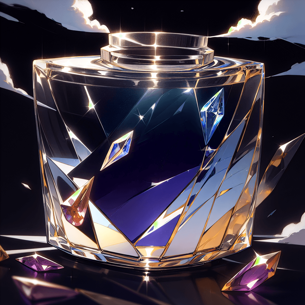 AI generated: inside the bottle perfume there are transparent precious stones, aesthetics, black background, small...