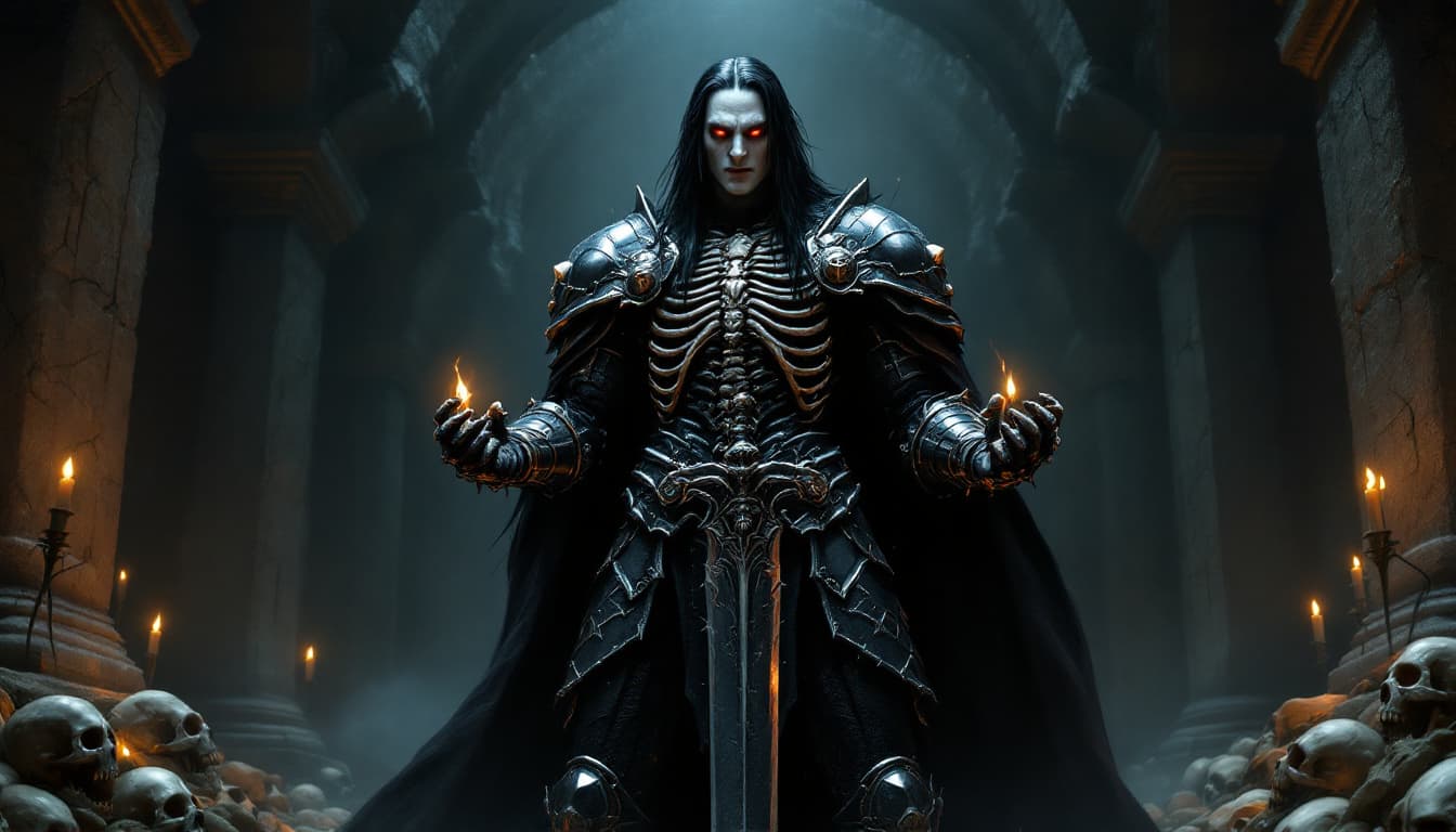 AI generated: A powerful vampire stands in the center of a dark, ancient crypt, facing forward in a commanding, ba...