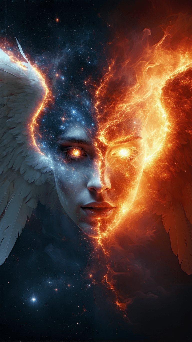 AI generated: An ultrarealistic illustration of the universe transforming from an angel into a devil — a celestial...
