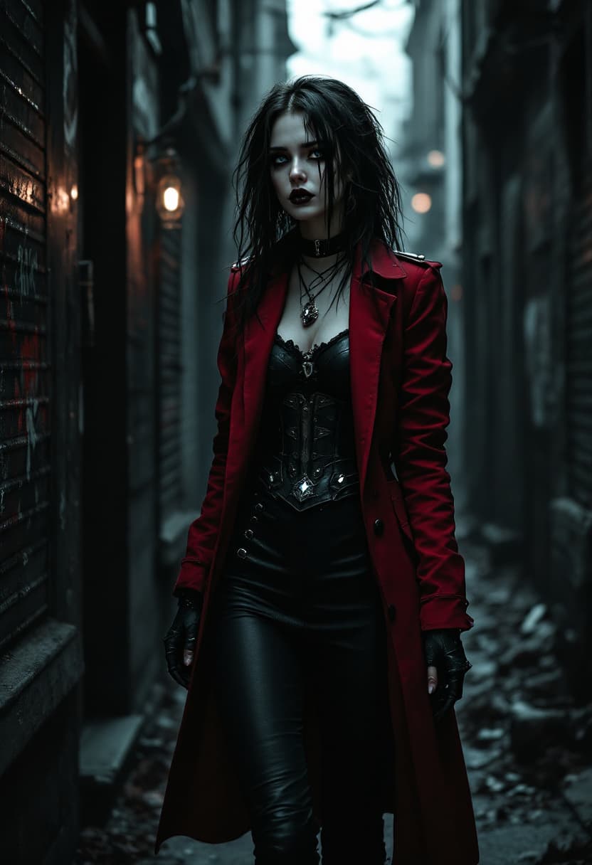 AI generated: In a dark dimly lit urban cyberpunk town back alley, an elegant 18yo Hungarian beautiful intimidatin...