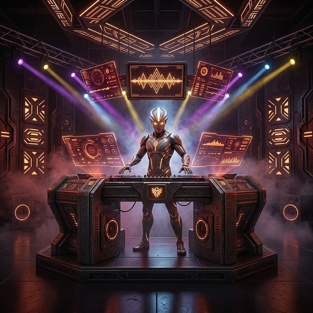 AI generated: Futuristic TAGG DJ command booth inside alien nightclub, massive elevated armored metallic platform ...