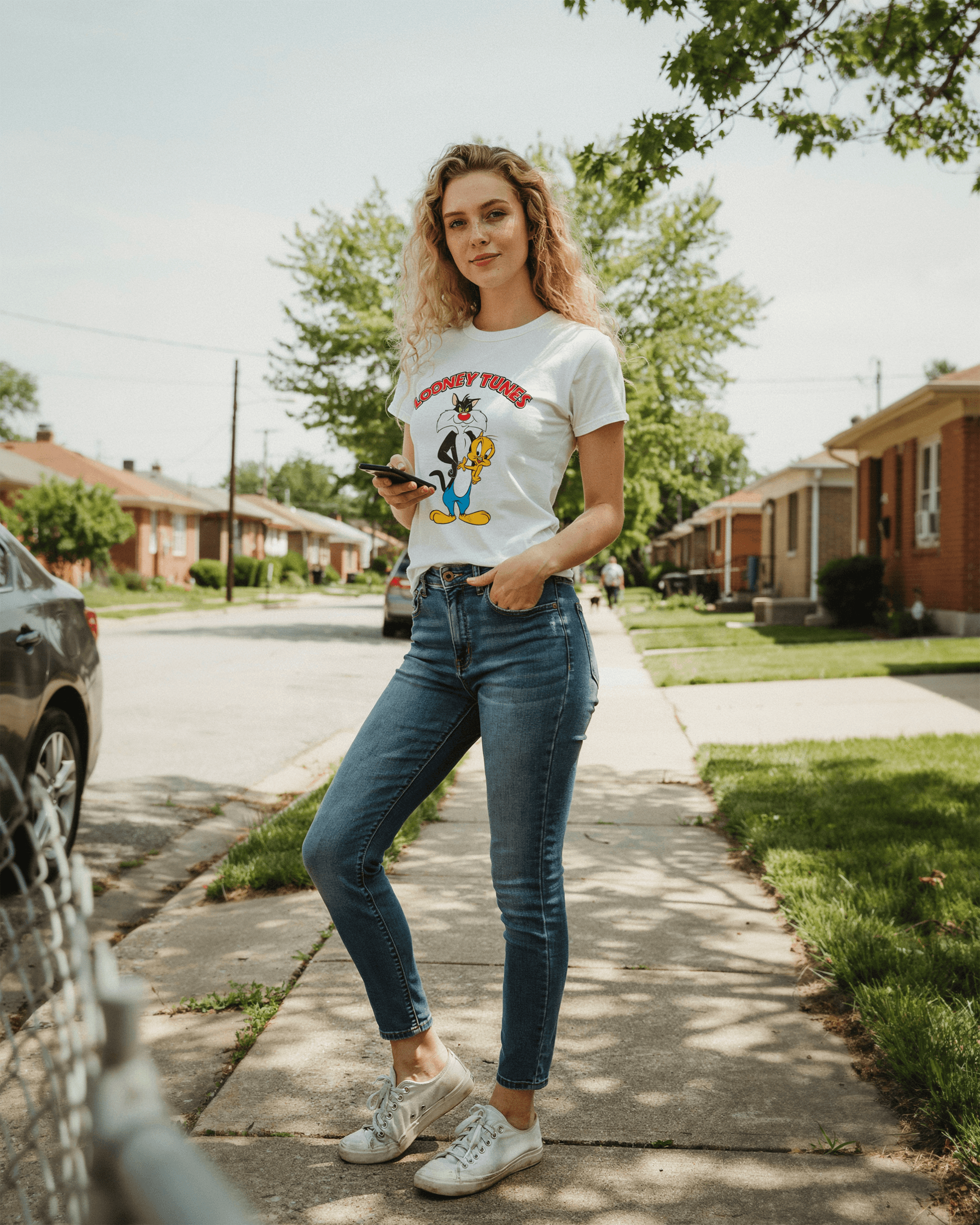 AI generated: 4K image of a beautiful blonde girl with long curly hair.wearing skin tight blue jeans and a tight, ...