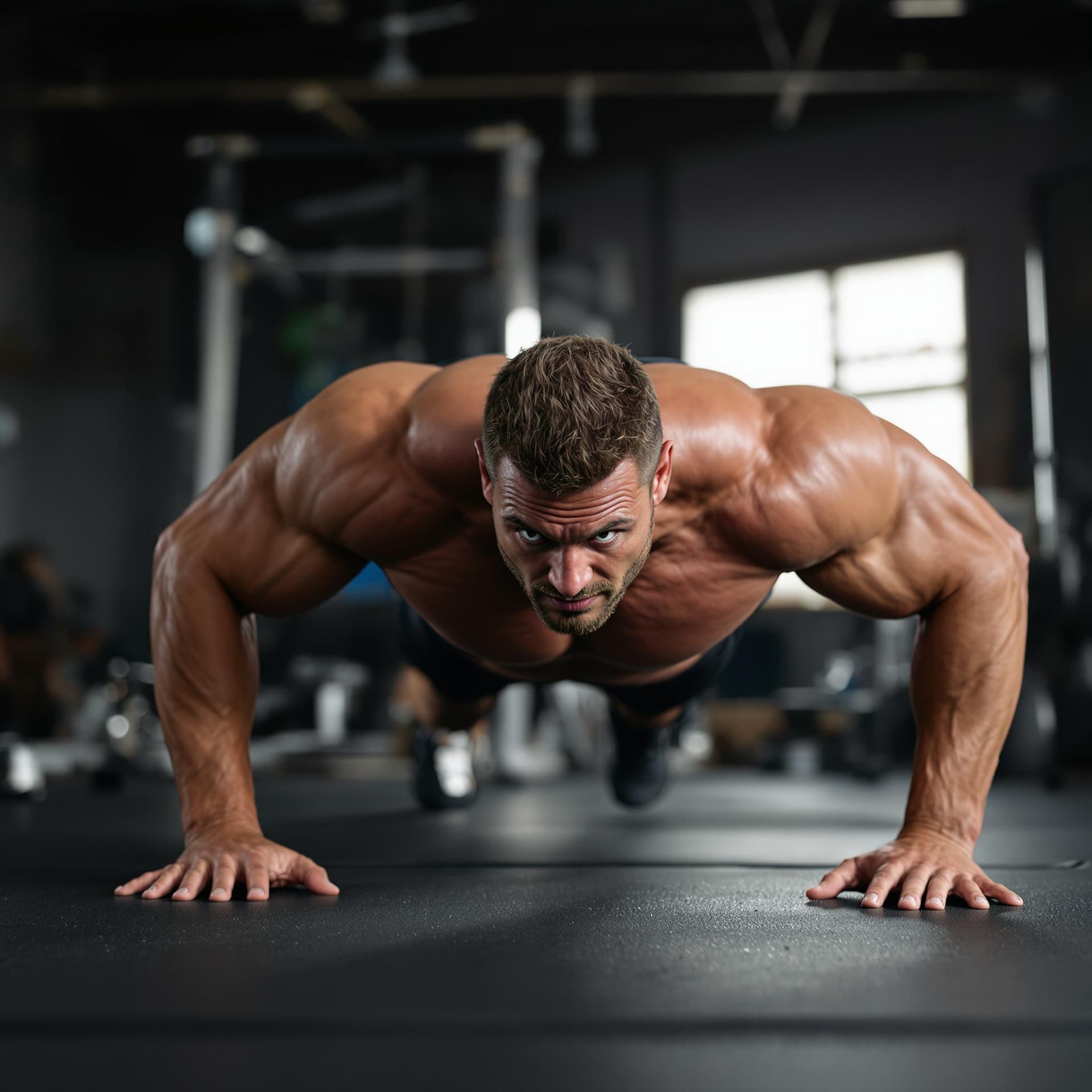 AI generated: bodybuilder doing push up exercise while looking at camera