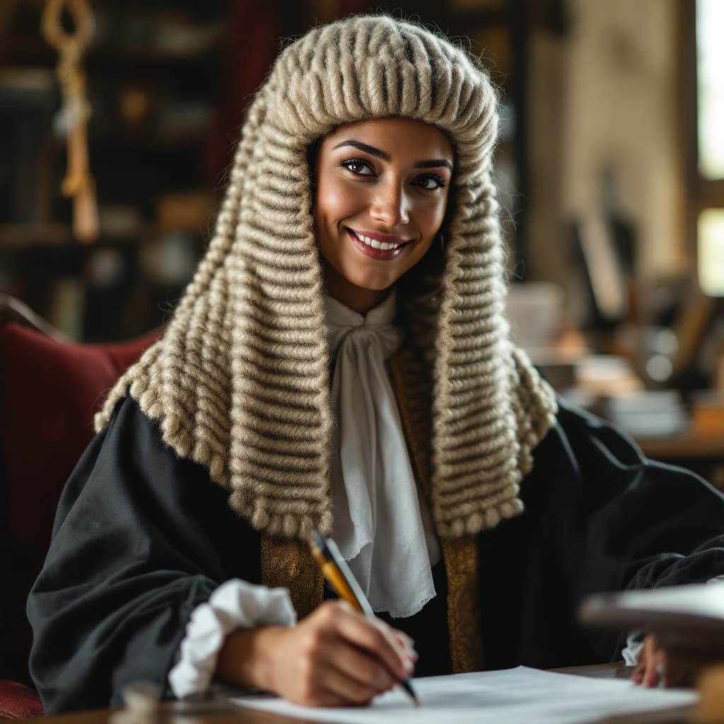 AI generated: A lawyer lady dressed in her legal wig and gown working in a rural environment