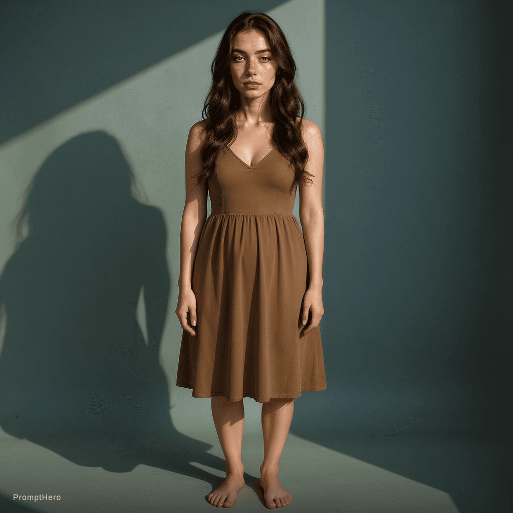 AI generated: full-body image with a clear view from head to shoes of a gorgeous Indoor portrait of a 20 years old...