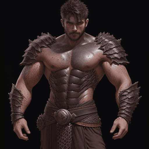 AI generated: A dark short hair man, draconic armour, scruffy, scales, shirtless, full body, sweaty, flexing arms