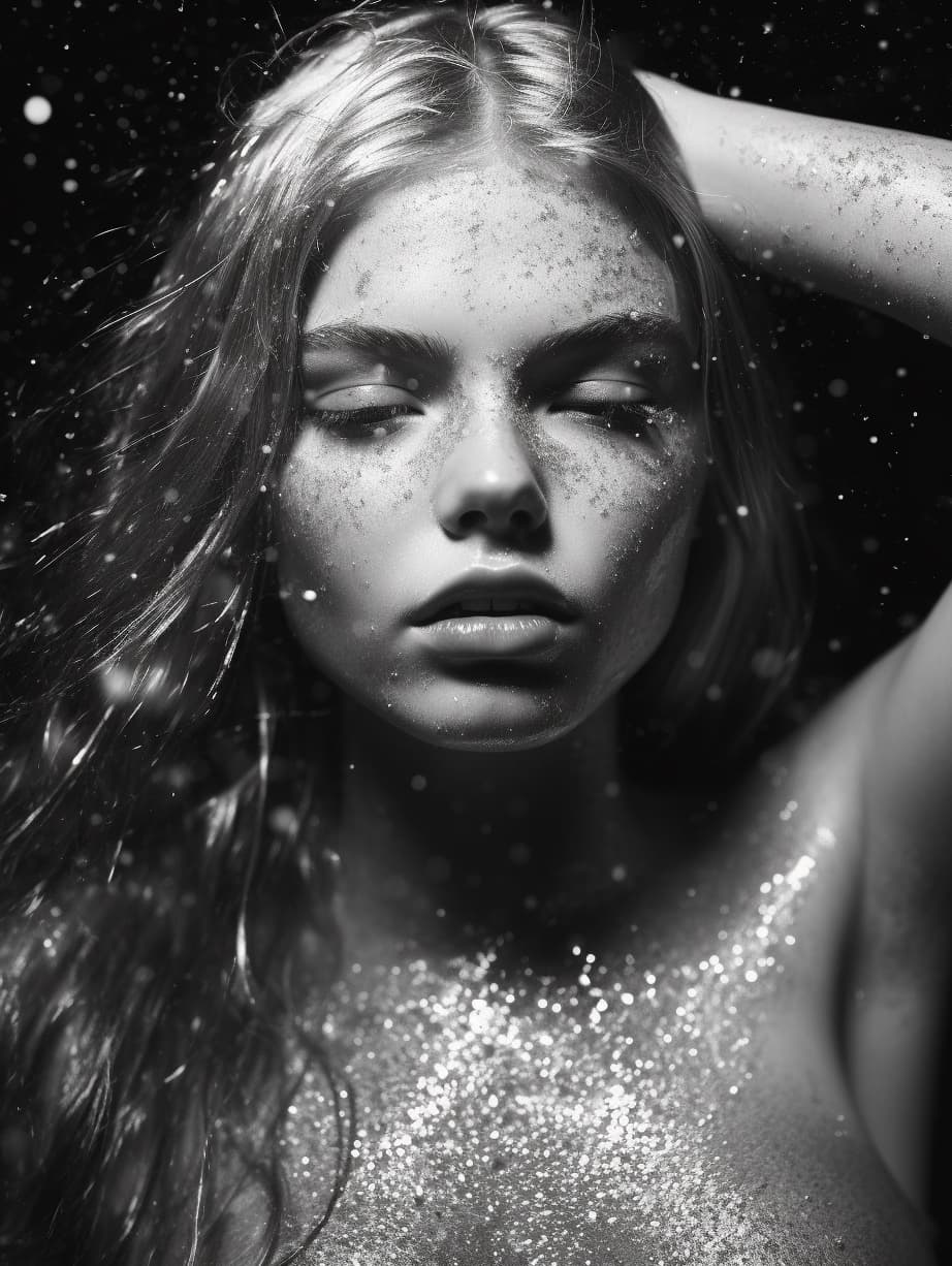 AI generated: a black and white photo of a woman with wet hair, full of sand and glitter, beauty campaign, inspire...