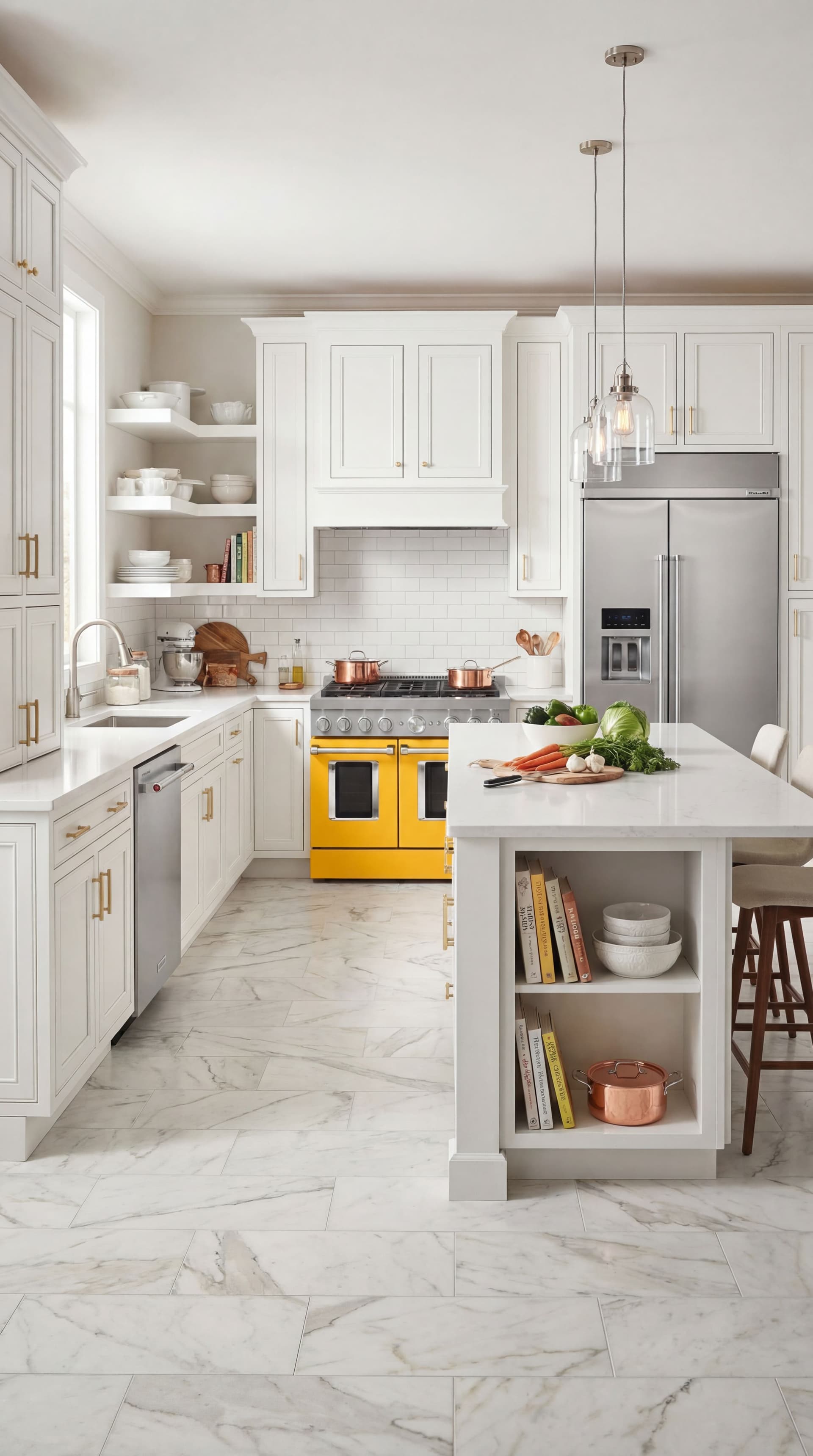 AI generated: turn into a lifestyle picture. Beautiful kitchen luxury white cabinets. Floor some luxury tiles. Put...