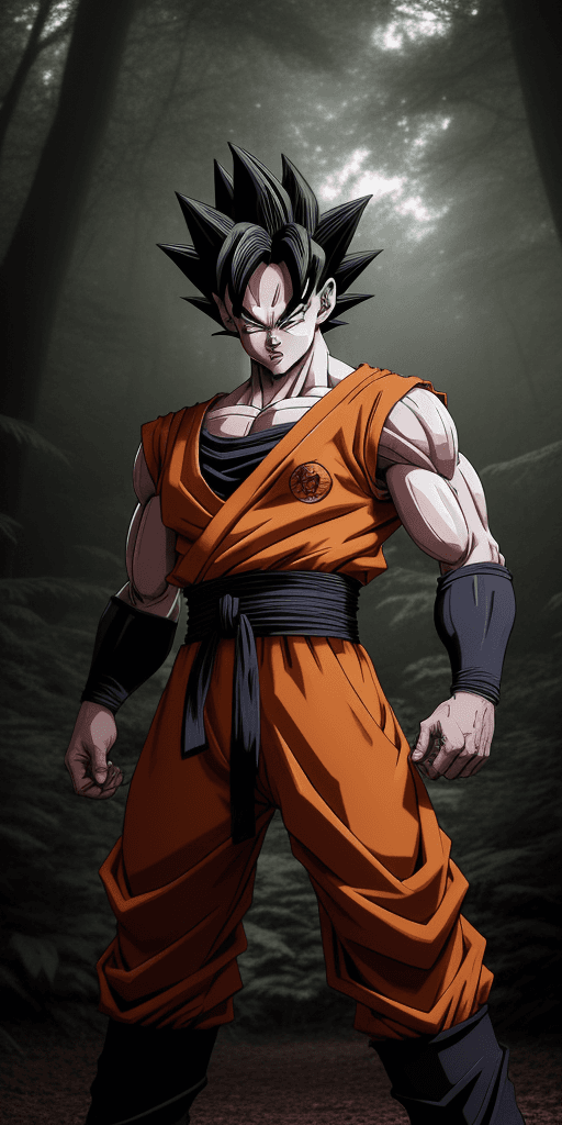 AI generated: a red dragon ball z character in the forest, in the style of dark gray and brown, handsome --ar 69:1...