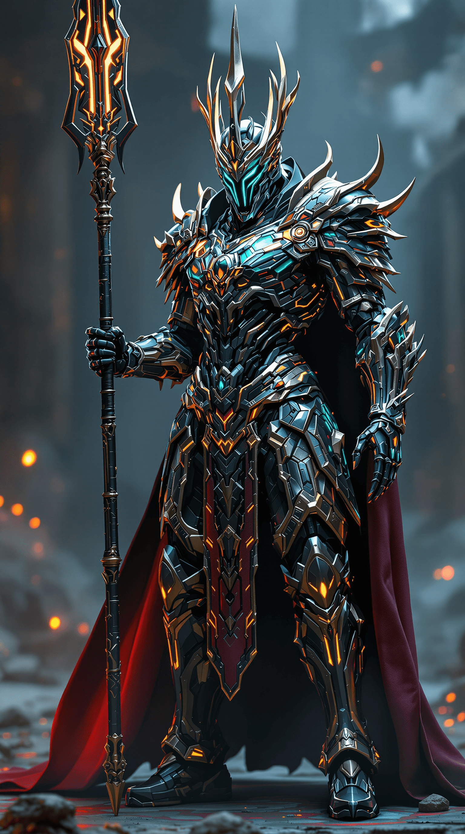 AI generated: Masterpiece fullbody photoshoot of a necromancer soldier of the future in royal armor, cyber technol...
