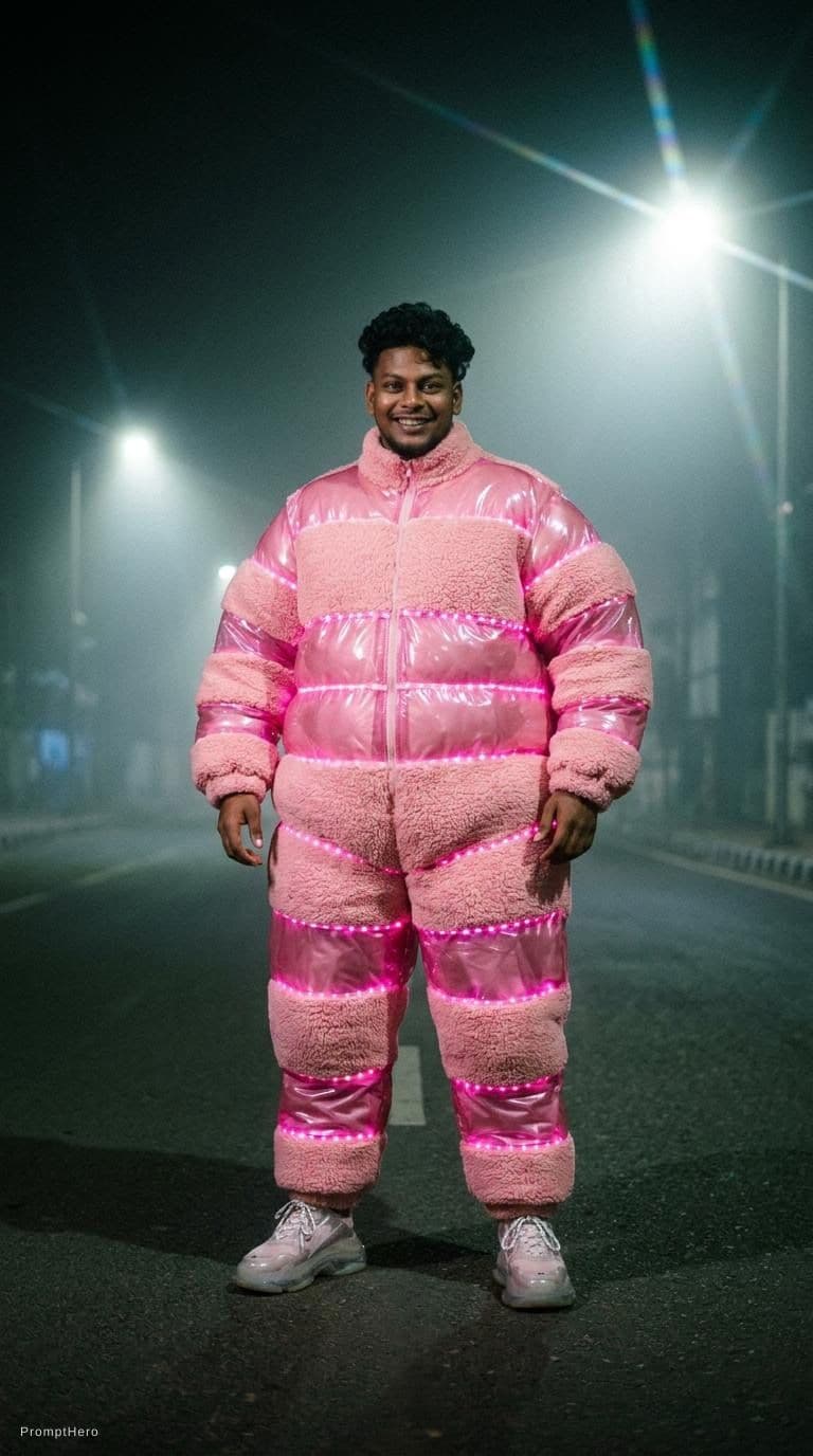 AI generated: fashion photography, man model in full-body, front central view, wearing an oversized fluffy and vin...