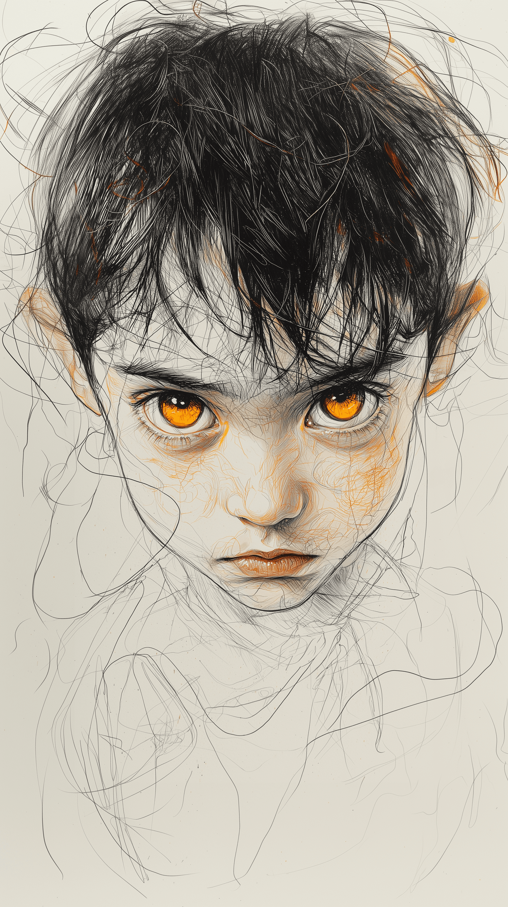 AI generated: pen art, little boy face, melancholic expression, big eyes, complementing his somber yellow eyes, sk...