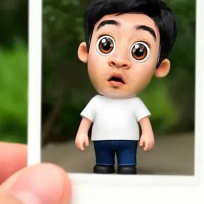 AI generated video: A cute 3D cartoon-style miniature character with a large head and small body, standing in a simple p...