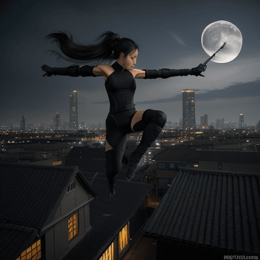 AI generated: Full-body shot, A fierce and agile ninja girl, dressed in black stealth attire, leaping through the ...