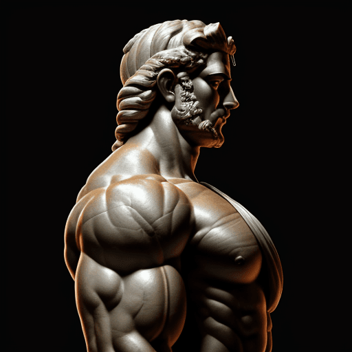 AI generated: stoic greek statue with very muscular body in profile, strong arms, style hercules, cinematic, 8k, d...