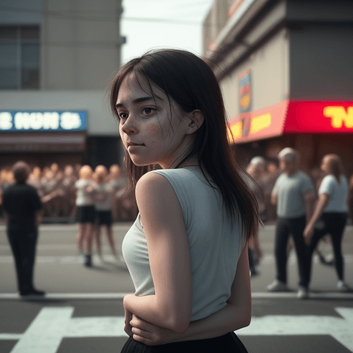 AI generated: She notices the people sitting in a small sports bar across the street.  They’re cheering and chatti...