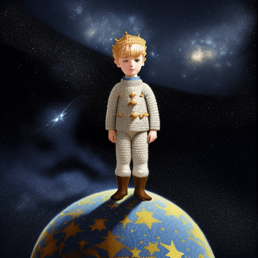 AI generated: the little prince standing on small planet in starry sky, by saint exupery, crocheted style