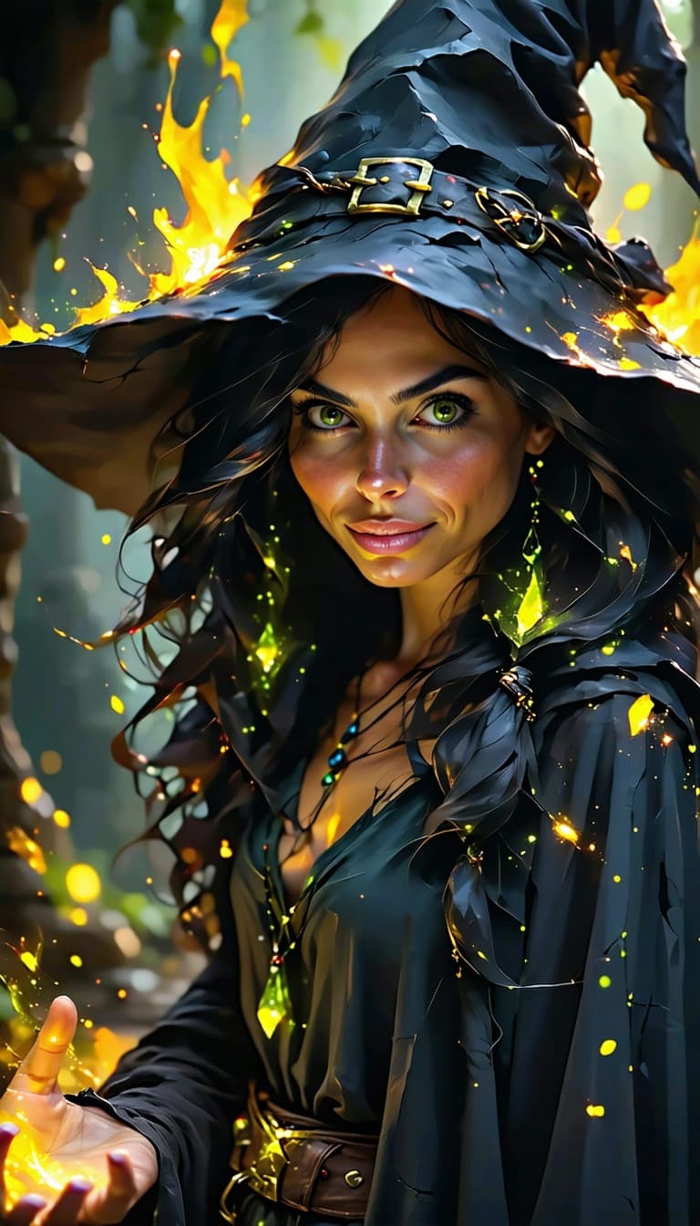AI generated: 98.	A detailed illustration face evil witch ,magic, t-shirt design, yellow and black , dark magic sp...