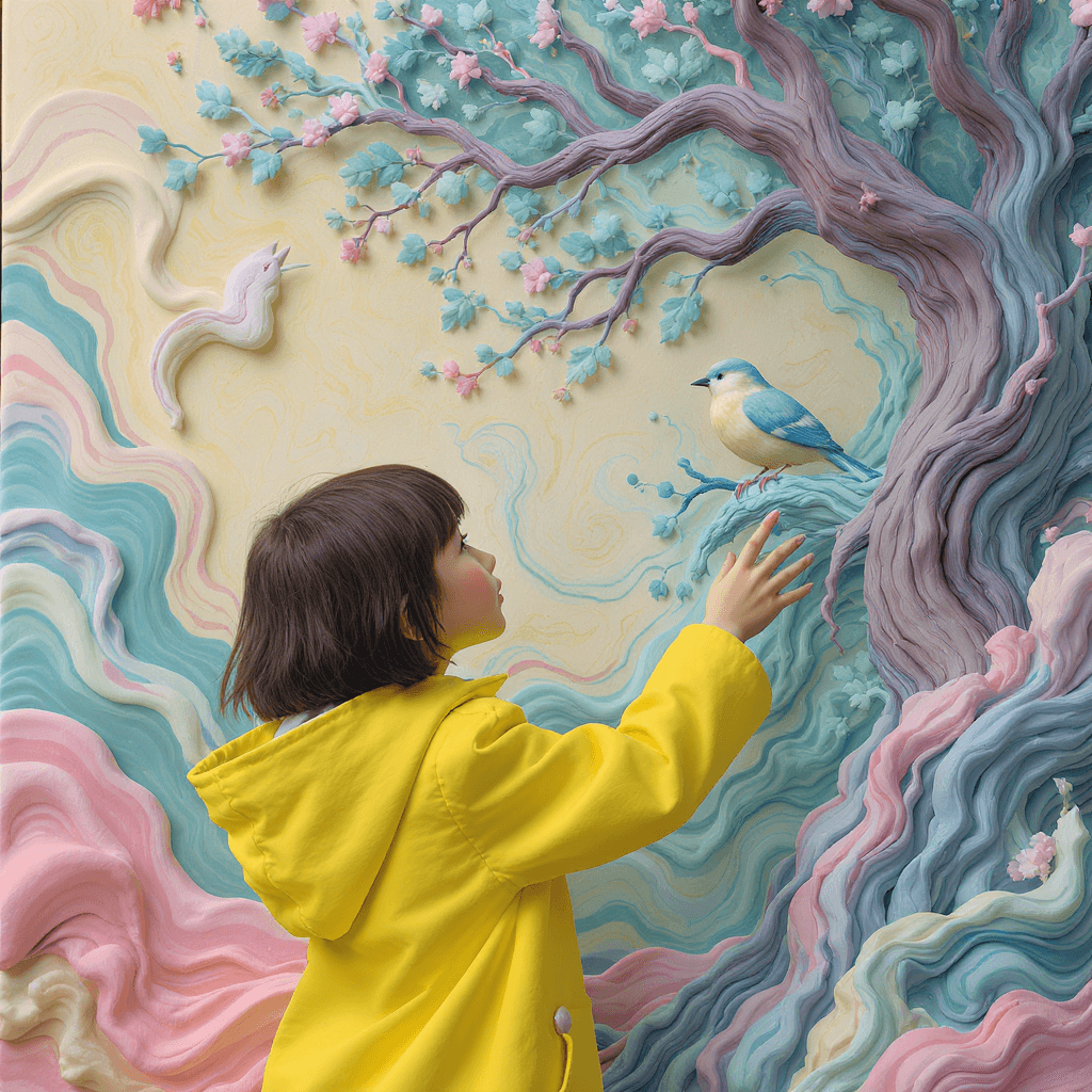 AI generated: A young girl, short brown hair, Asian, in a bright yellow coat gazes at a bird in an a mystical tree...
