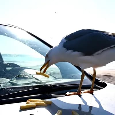 AI generated video: A seagull destroys a windshield with its beak. There is some food near the windshield.