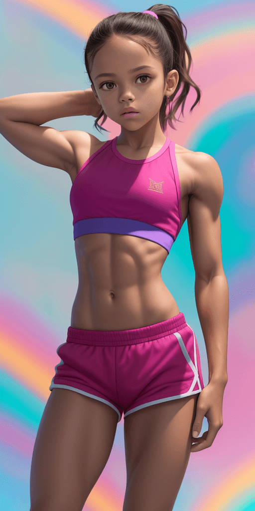 AI generated: young jenna ortega with small waist and boy like physique posing in women sportswear standing in a m...