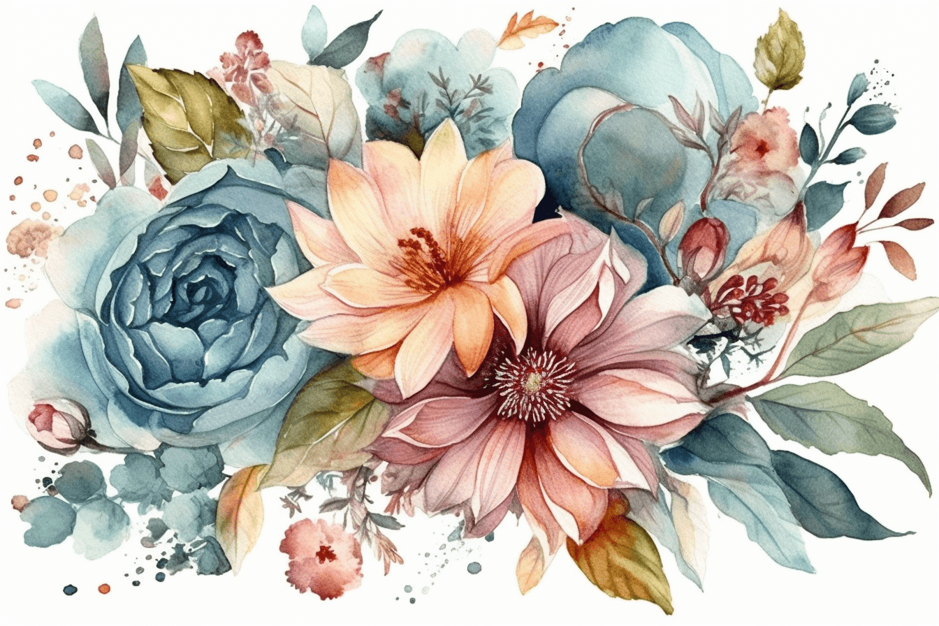 AI generated: boho pretty beautiful watercolor floral arrangement for a wedding invite, clip art, white isolated b...
