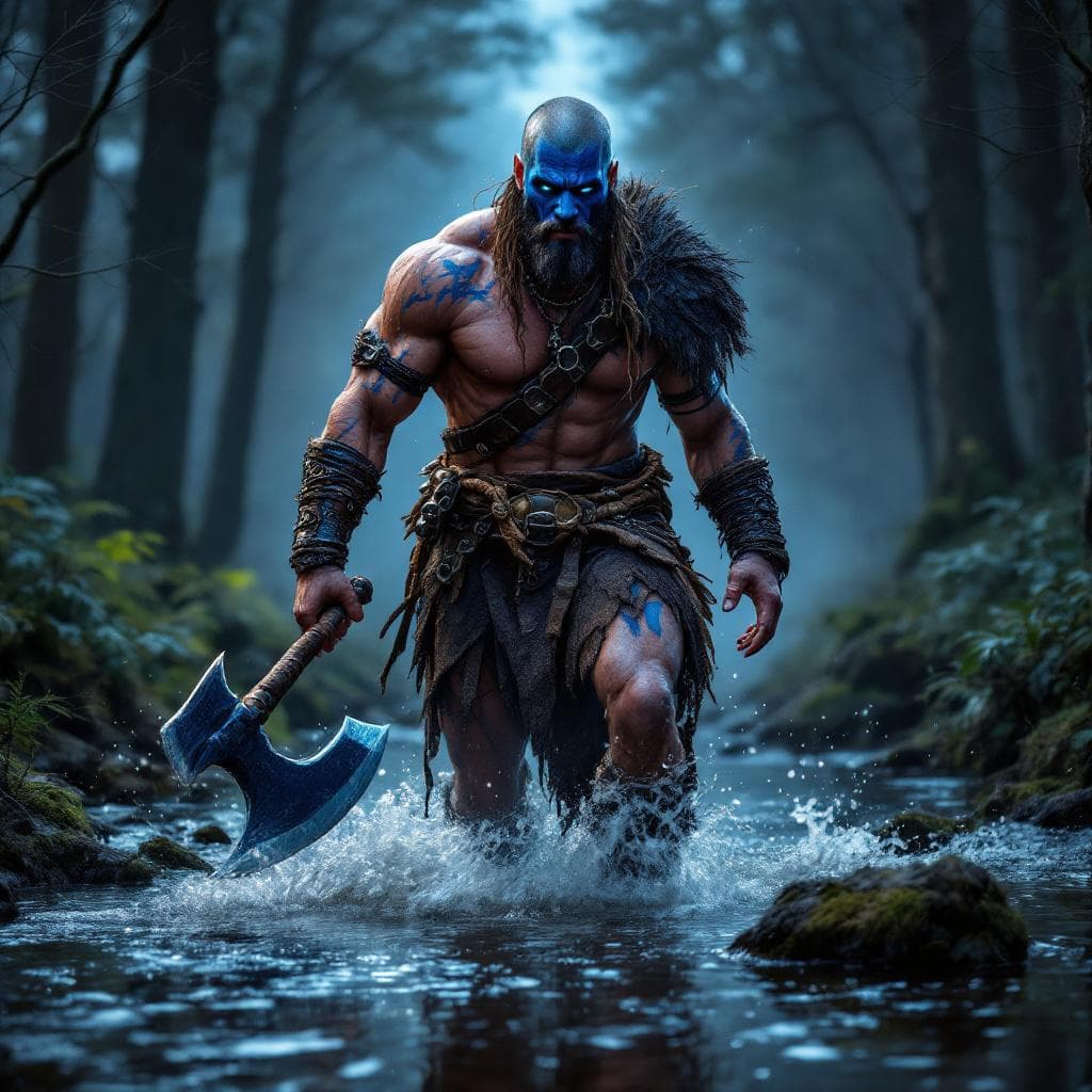 AI generated: Full body shot of a barbarian warrior wearing blue face paint and, holding a battle axe, blue eyes w...