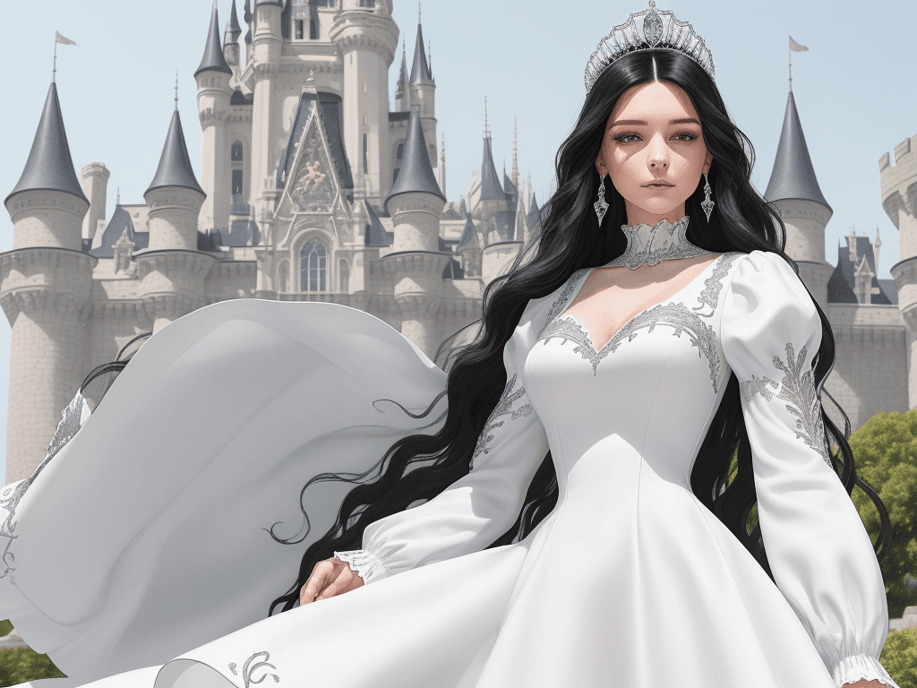 AI generated: a woman in a white dress standing in front of a castle. The woman has long, wavy black hair and is w...