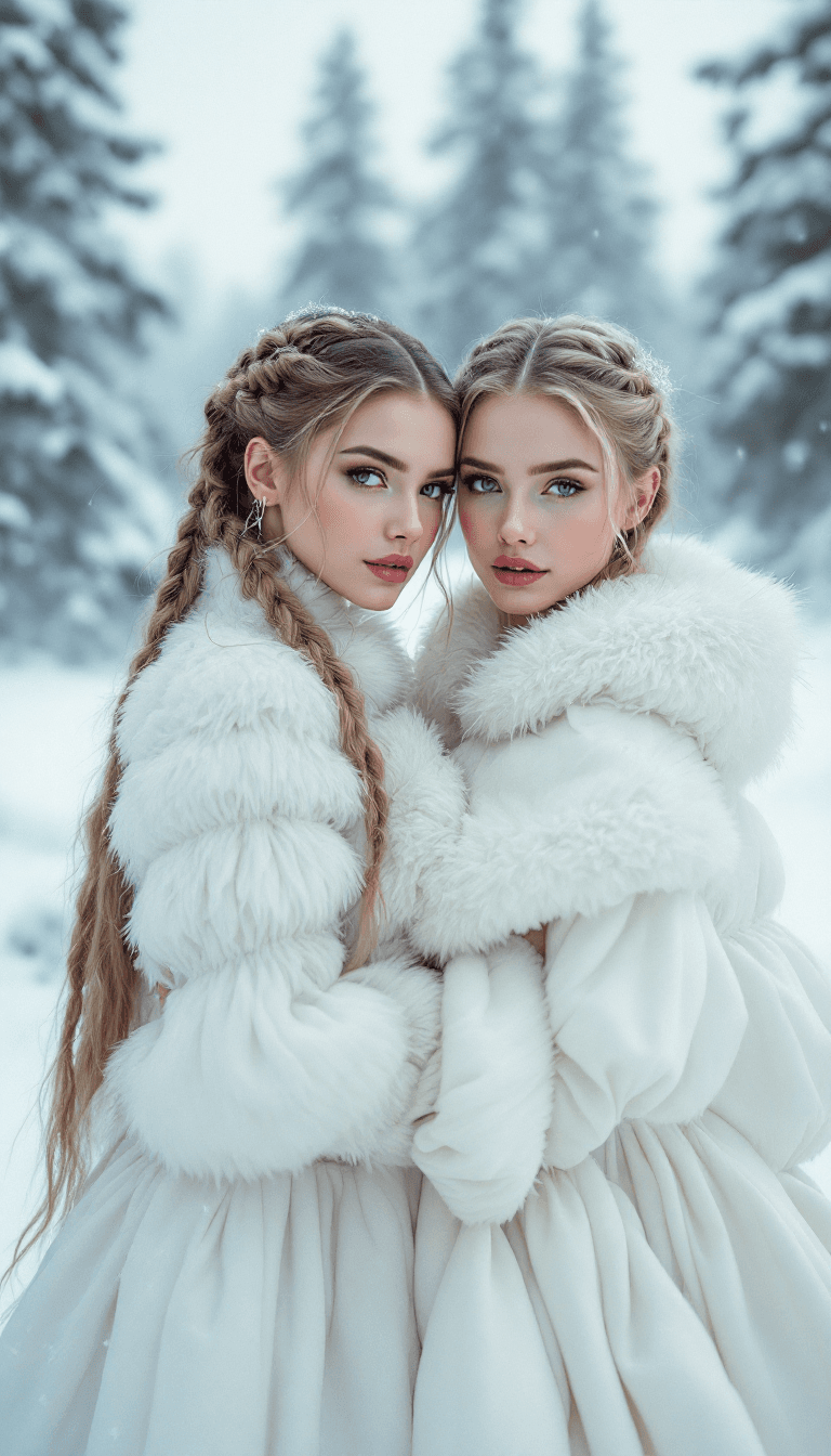 AI generated: fashion photoshoot of 2 Siberian women with braided hair, wearing a white haute couture puffy dress,...