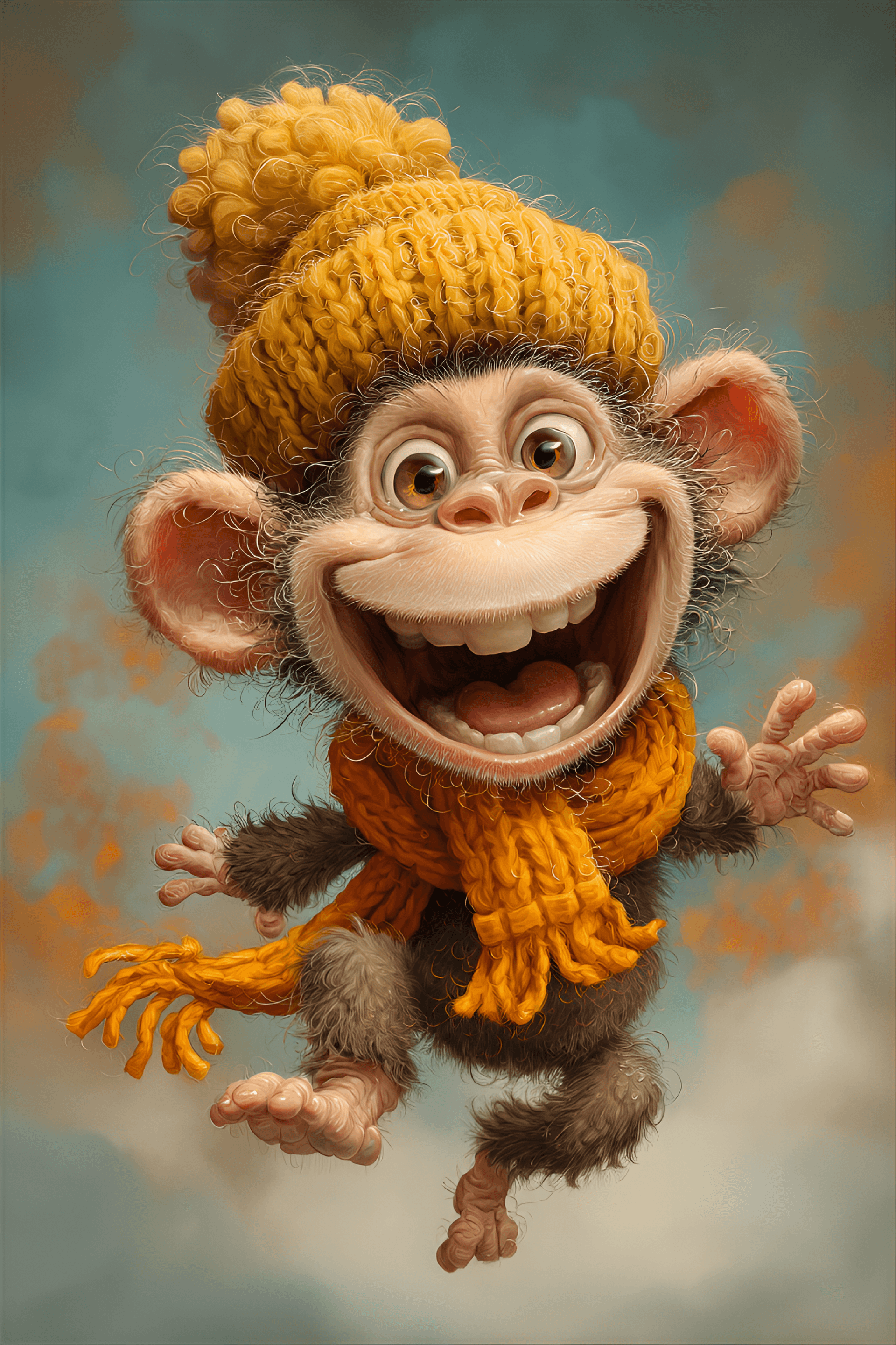 AI generated: funny caricature, cheerful monkey caricature, juvenile simian, 5 years old, bright eyes, wide smile,...