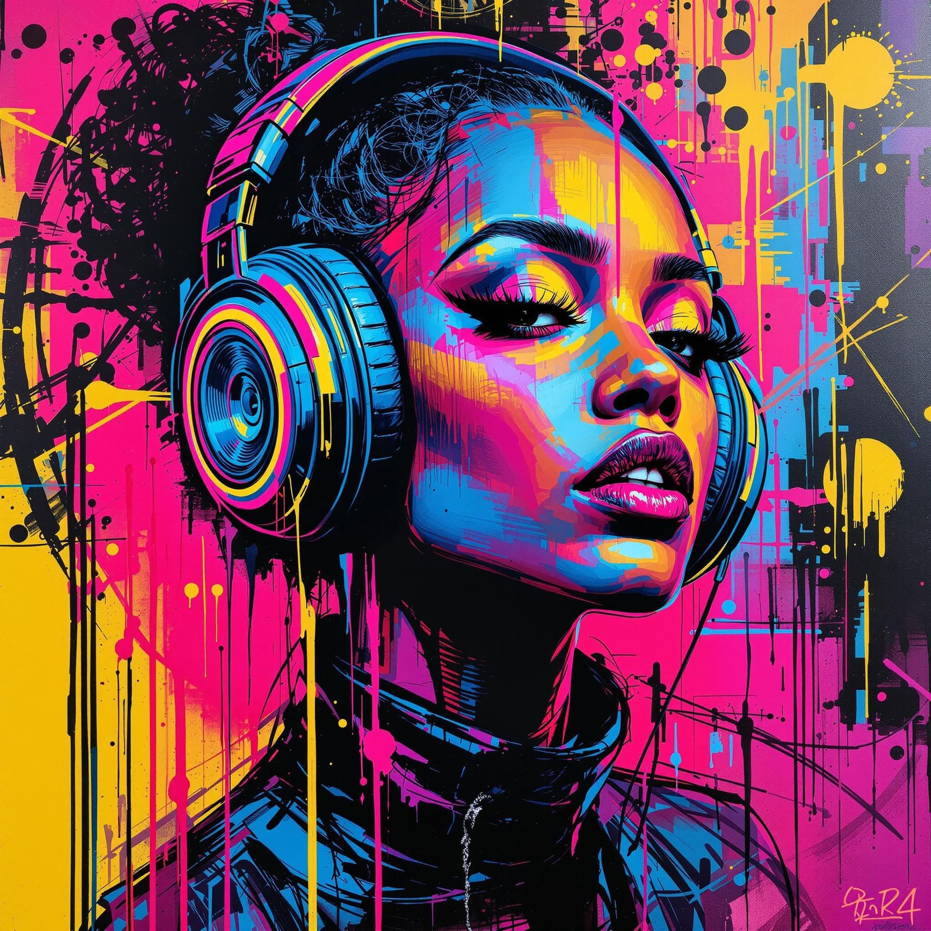 AI generated: A vibrant urban street art portrait of a woman wearing large headphones, neon colors glowing in pink...
