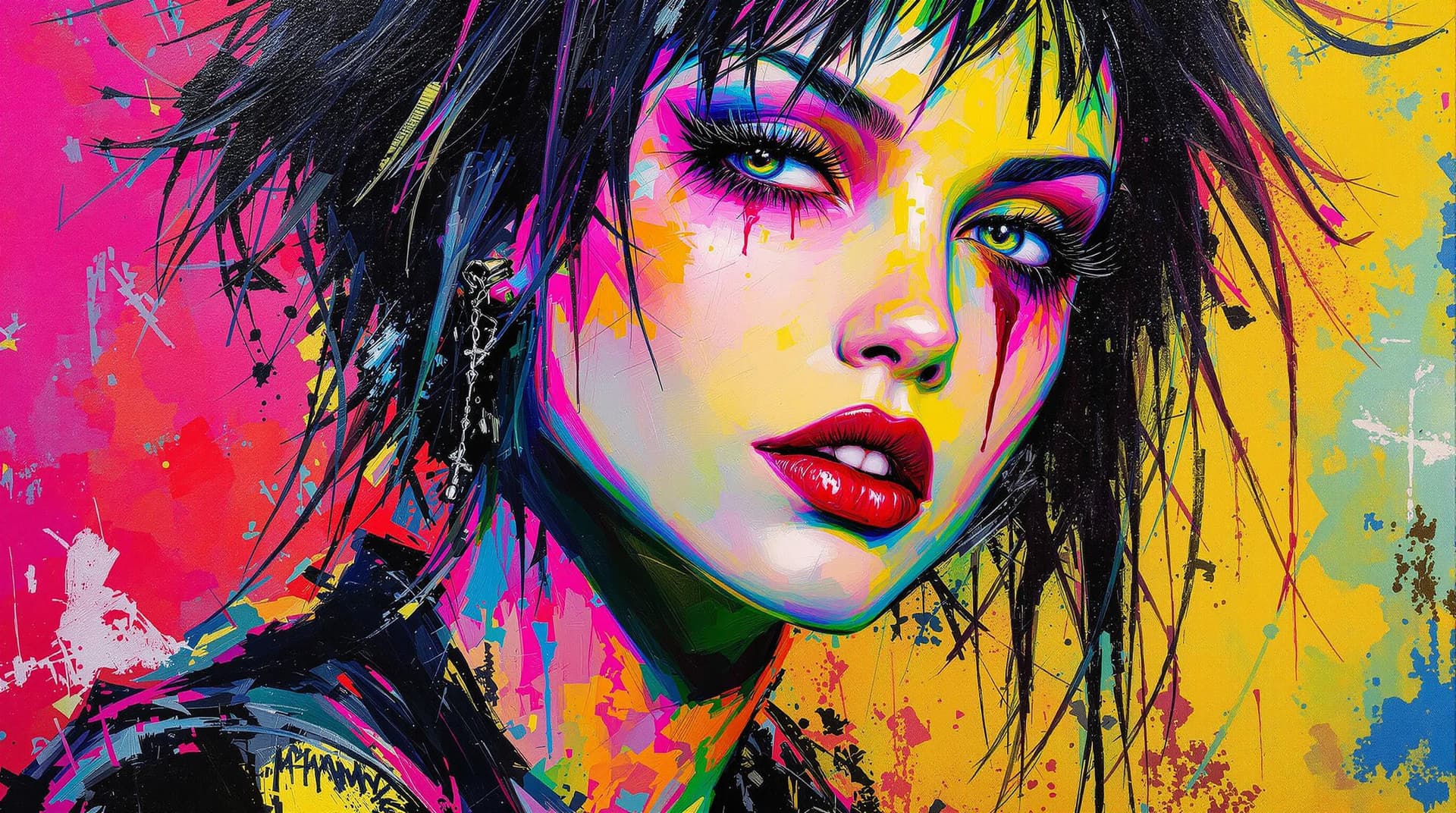 AI generated:  A lively and energetic oil painting in bright, vibrant colors depicting a punk gothic woman with pi...
