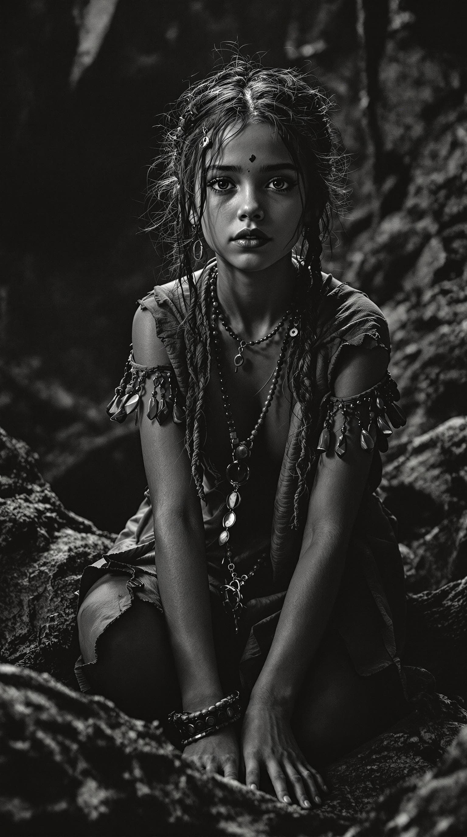 AI generated:  professional black and white photo of a exceptionally beautiful girl in the world  (young girl), (s...